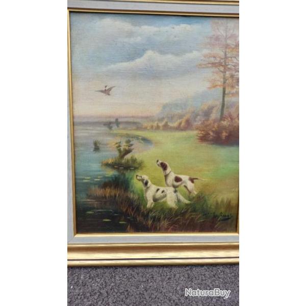 Magnifique sc�ne de chasse huile sur toile sign�e de l'artiste Andr�e Le Leuxhe.
