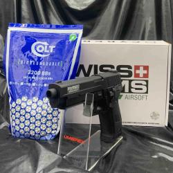 Pack pr&ecirc;t a tirer Swiss Arms Navy Pistol AEP RTP Nimh Metal Slide 6mm + 3200 Billes BIO