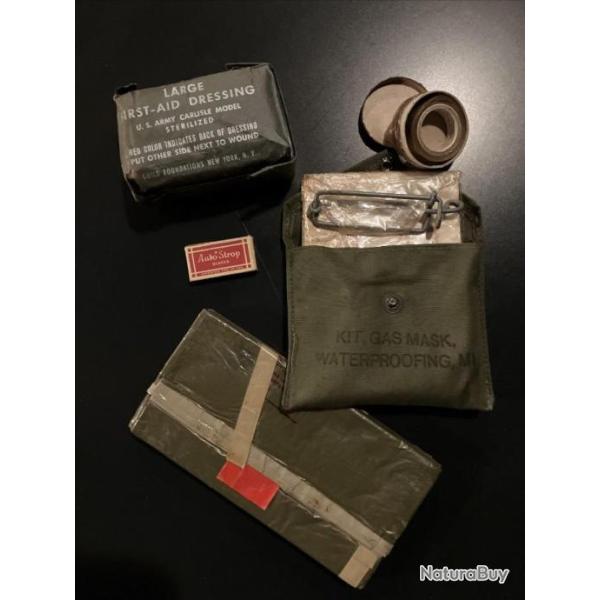 Lot US WW2 - kit gaz mask - first aid - blades - protective cover