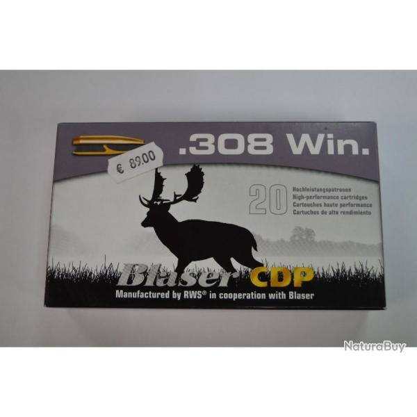 1 BOITE DE 20 MUNITIONS  BLASER CALIBRE 308 WIN EN CDP 10.7G/165GR NEUVE