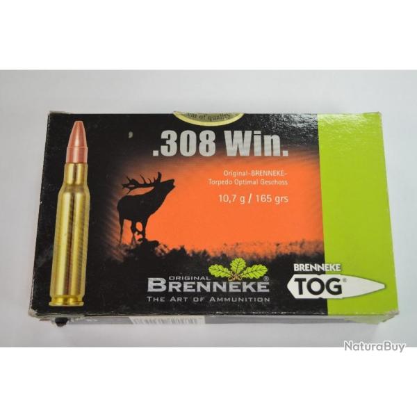 1 BOITE DE 20 MUNITIONS BRENNEKE  CALIBRE 308 WIN TOG10.7G/165 GR NEUVE