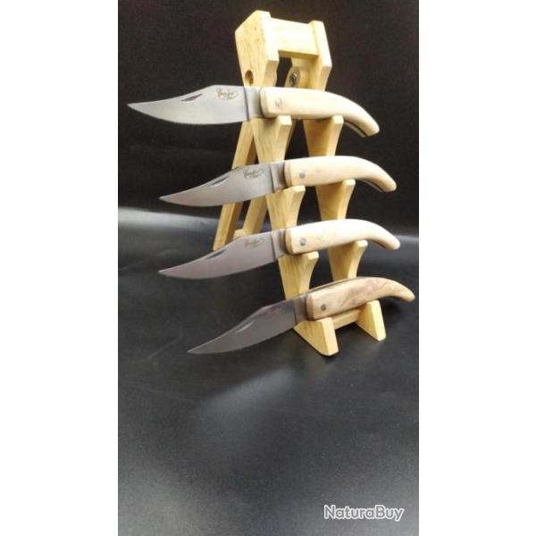 LOT DE 4 COUTEAUX  MANCHE BOIS DE PLATANE GRAVURE POSSIBLE SUR DEMANDE 010