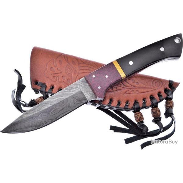 Couteau Damas Frost Cutlery Hunter Buffalo Horn Manche Corne Lame 256 Couches Etui Cuir FCW4762BHD -