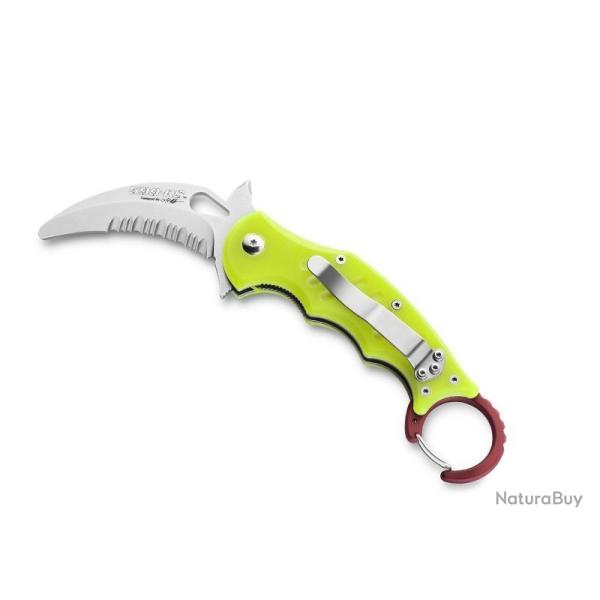 BEL1038 COUTEAU FERMANT FOX KNIVES PRODUCTION "RESCUE KARAMBIT" LAME ACIER MANCHE JAUNE G10 NEUF