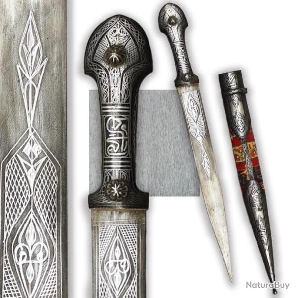 TRES RARE & LUXUEUX POIGNARD '' KANDJAR / KINDJAL / KINJAL '',GRAV� ARGENT SILVER / , XIX, ORIGINAL