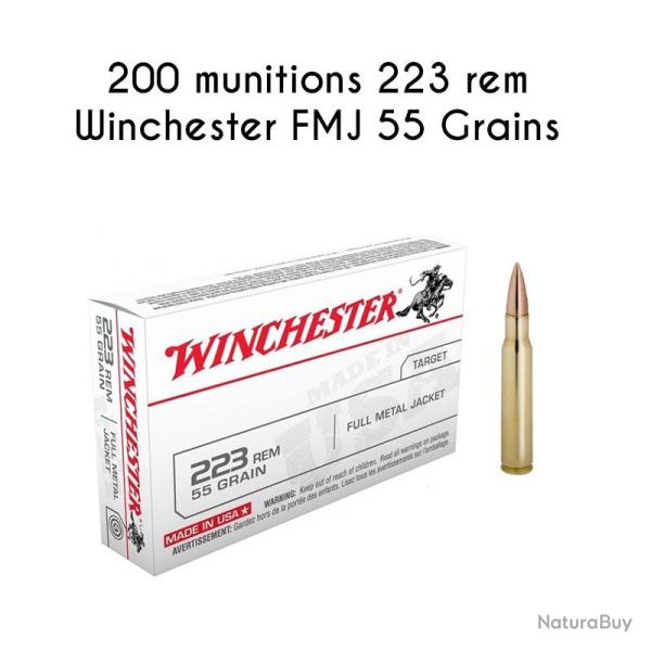 Munitions WINCHESTER calibre 223 Rem FMJ 55gr - 3.6g x200 