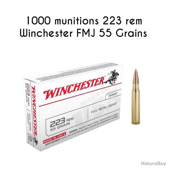 Munitions WINCHESTER calibre 223 Rem FMJ 55gr - 3.6g x1000 