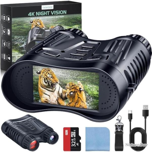 Jumelles Vision Nocturne 4K 2600mAh Rechargeable Infrarouge Vision Nocturne avec 3,2" HD �CRAN