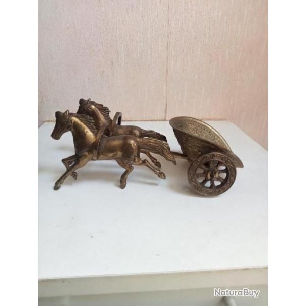 cheval et charette en laiton ou bronze longueur 19 cm hauteur 8 cm un cheval manque une patte