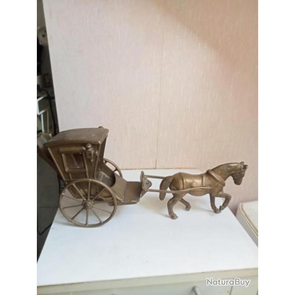 cheval et charette en bronze ou laiton  longueur 39 cm hauteur 17 cm