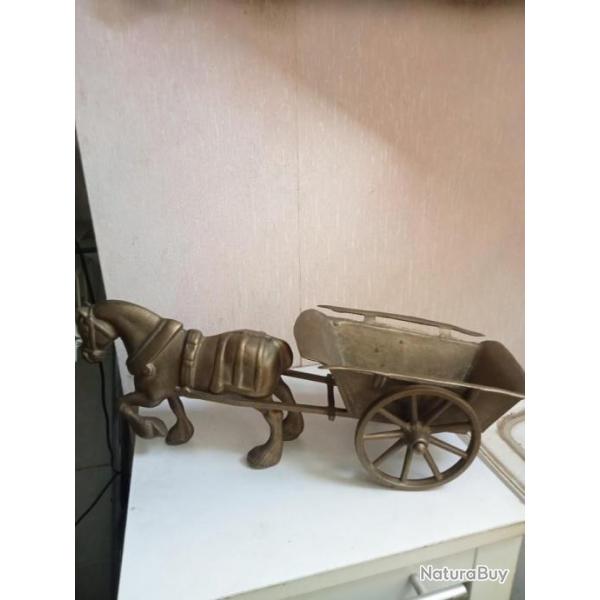 cheval et charette en bronze ou laiton  longueur 44 cm hauteur 17 cm