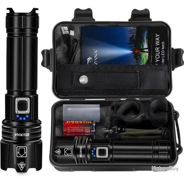 Lampe Torche LED 10000 Lumens Ultra Puissante Rechargeable Type C