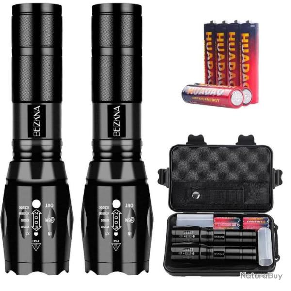Lampe Torche LED 2000 Lumens Lot de 2 tanche IP65 Zoomable 5 Modes D'clairage