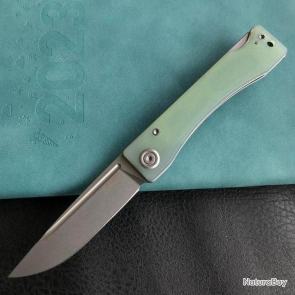 Couteau Kubey Akino Jade Manche G10 Lame Acier Sandvik 14C28N Bead Blasted IKBS Linelock KUB2102B