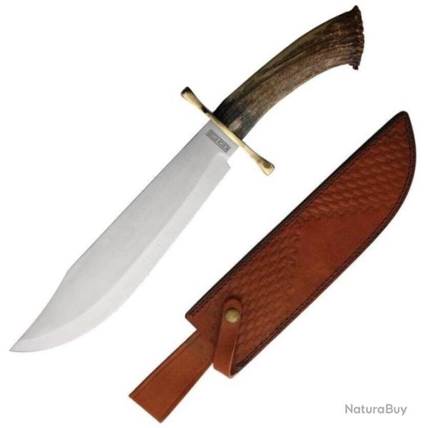Couteau Bowie Davy Crockett Rough Ryder Crown Stag Lame Acier Inox Manche Bois de Cerf Etui RR2590
