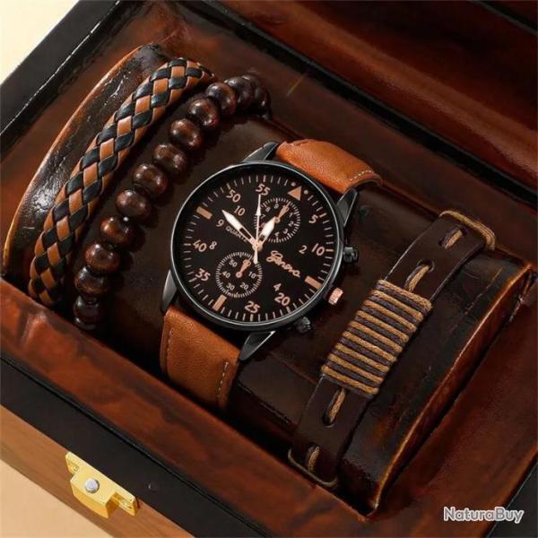 Montre-Bracelet � Quartz En Cuir Marron Pour Homme, Ensemble De Bracelets De Lux