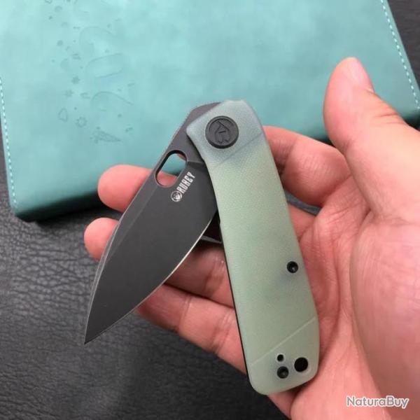 Couteau Kubey Hyde Jade Manche G10 Lame Acier Sandvik 14C28N Darkwashed IKBS Linelock Clip KUB2104C