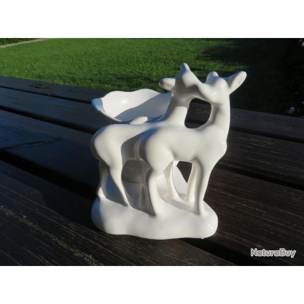 VINTAGE -  Ancien cache pot/pot/vase/vide poche en c�ramique figurant deux biches (Vers 1960-70)