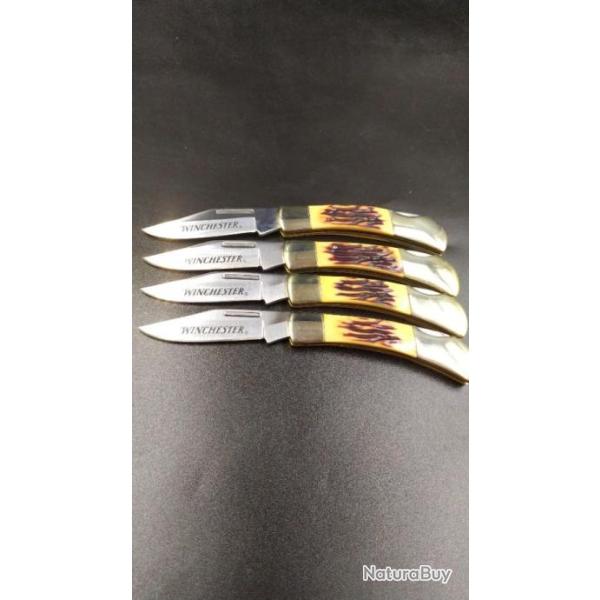 LOT DE 4 COUTEAUX PLIANT WINCHESTER FACON BOIS DE CERF ET LAITON 1