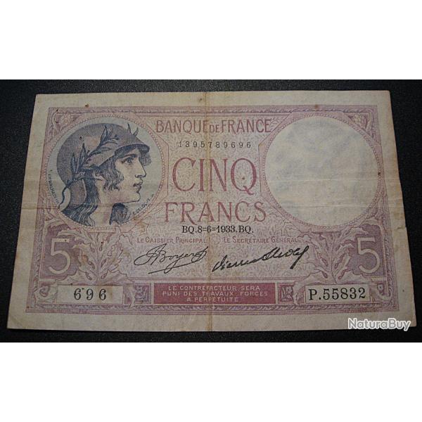 FRANCE billet de 5 Francs "violet" du 08-06-1933 TB+