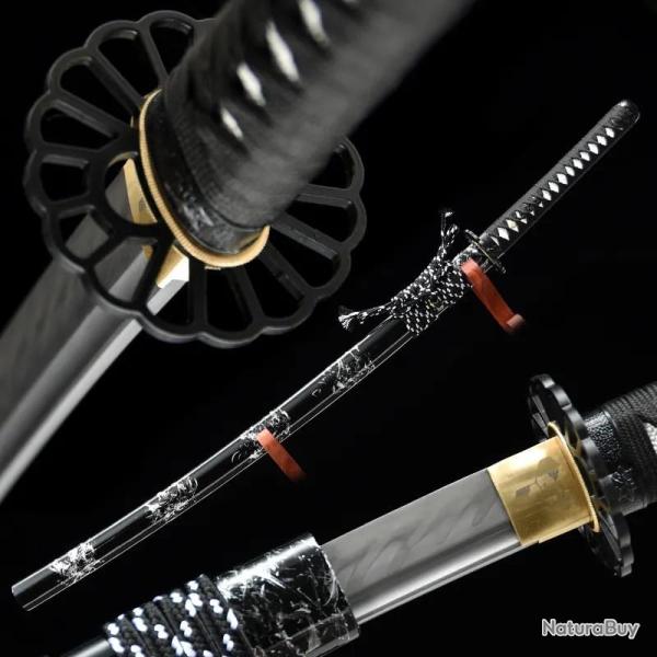 katana fonctionnel fait main japonais francais T10 noir et blanc aiguis�