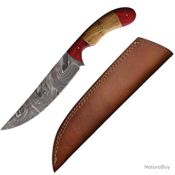 Couteau de Chasse Damas Lame 256 Couches Manche Bois Etui Cuir FH Knives FHK1473