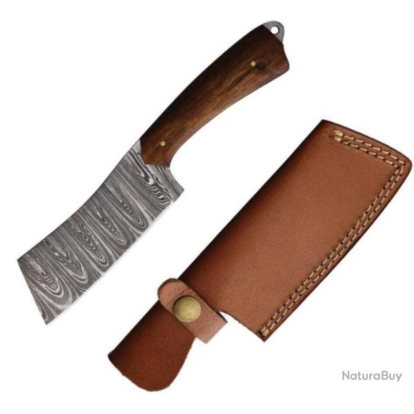 Couteau Couperet Damas Lame 256 Couches Manche Bois Etui Cuir FH Knives FHK1527