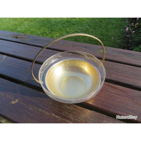 VINTAGE - Ancienne corbeille panier  fruits art dco en mtal argent & coupe en verre grav (XX)