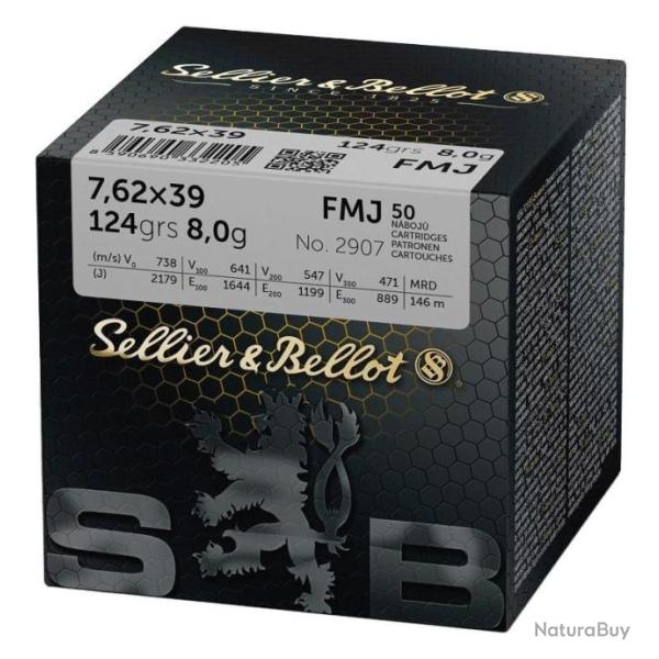 Munition Sellier & Bellot FMJ 8g 124gr - Cal. 7.62x39 x1 boites - PROMOTION