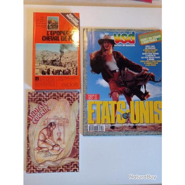 Lot de 3 livres magazines sur le western: VSD �tats unis, l'�pop�e du cheval de fer, Indian cooking