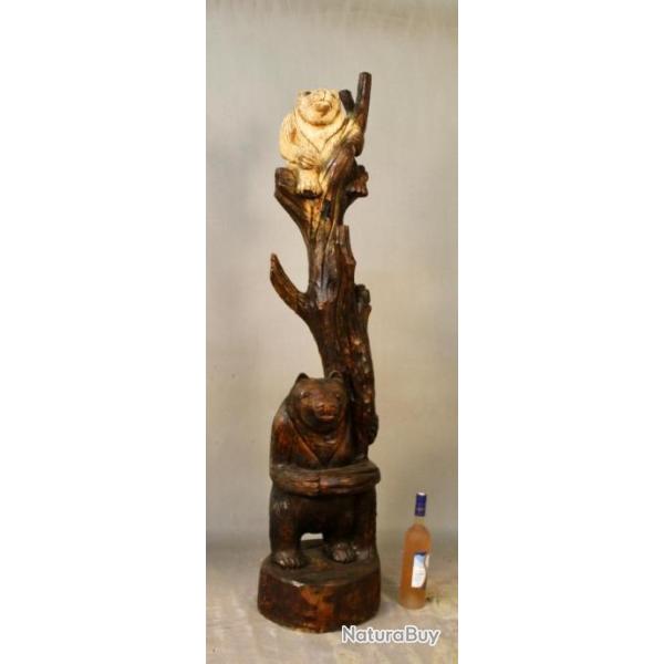 Sculpture En Bois De 2 Ours Sur Un Tronc Fa�on Brienz