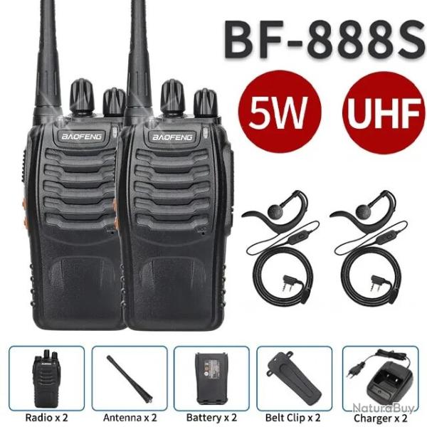 PACK 2x BAOFENG 888S 5W - AVEC 2x OREILLETTES - PORTE 10km - 16 canaux - LIVRAISON GRATUITE !!