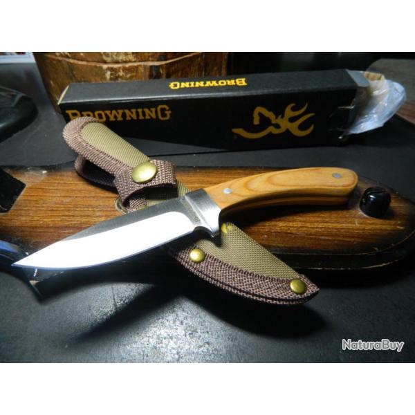 Couteau Browning Skinner Manche Bois Lame Acier 440 Etui Nylon BR0493