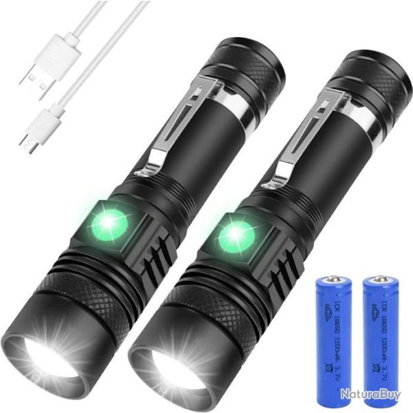 Lampe Torche Lot de 2 Pcs 1500 Lumens Chargeur USB  Zoom tanche Pche Camping Randonne