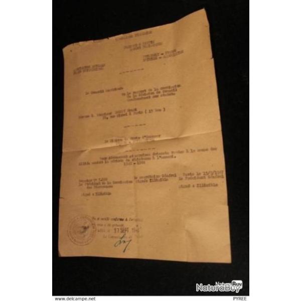 CROIX D'HONNEUR FRANCO BRITANIQUE DIPLOME 1948 DEVOIR R�SISTANCE � L'�NNEMI 1940 1944