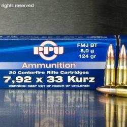 Cartouches PPU Calibre 8mm KURZ (7,92x33) FMJBT 124grs - Boite de 20 unit&eacute;s