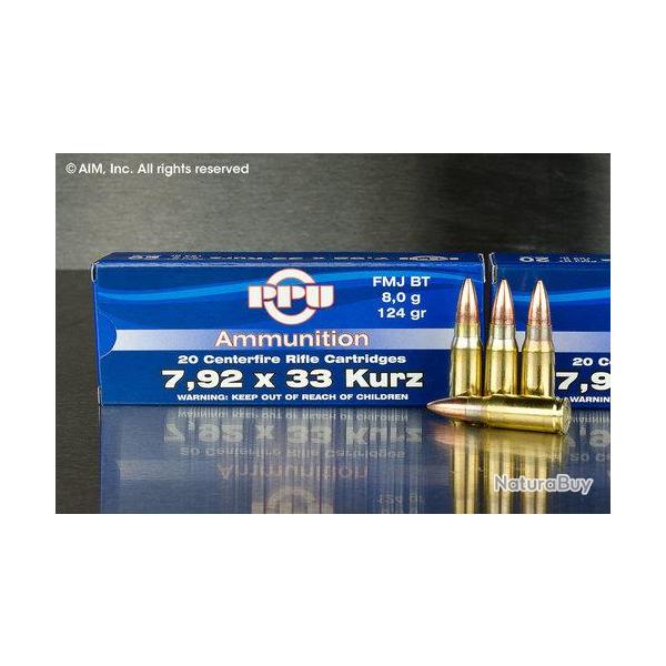 Cartouches PPU Calibre 8mm KURZ (7,92x33) FMJBT 124grs - Boite de 20 unit�s
