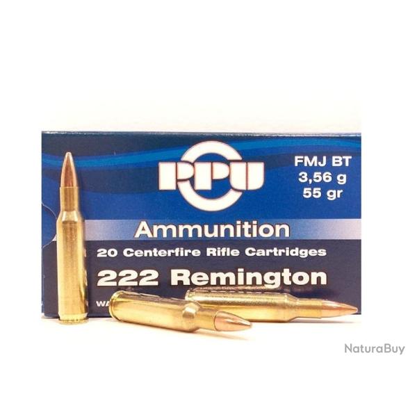 Cartouches PPU Calibre 222 REMINGTON 55grs FMJ BT - Boite de 20 unit�s