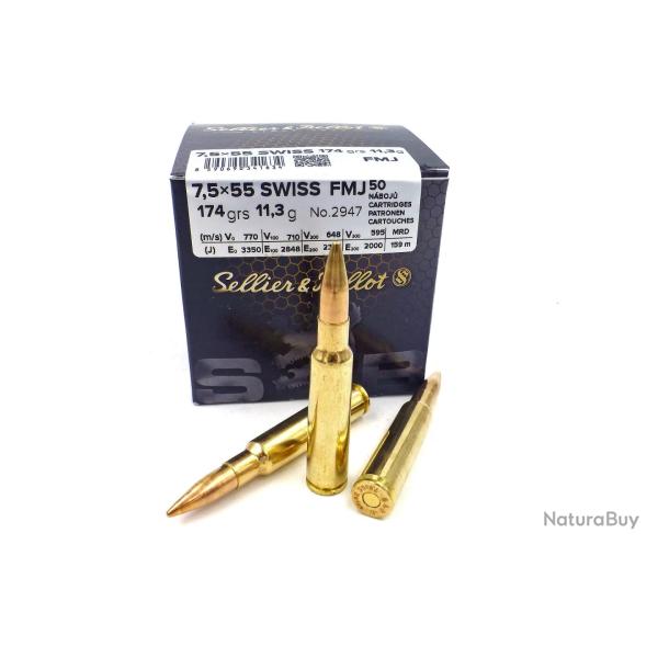 Cartouches SELLIER & BELLOT Calibre 7,5x55 SUISSE FMJ 174grs - Boite de 50 unit�s