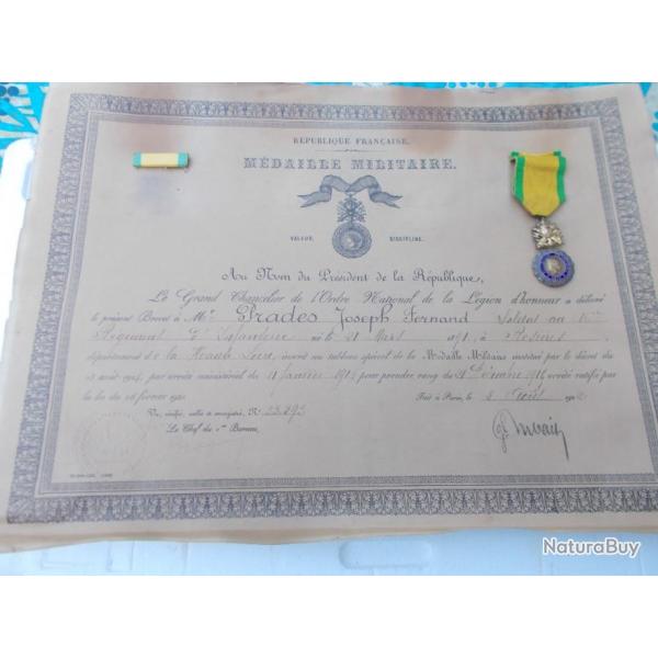 diplome de la m�daille militaire avec  sa m�daille et son rappel,bon �tat