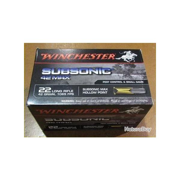 lot 1000 cartouches de 22Lr de marque Winchester Subsonique, pointe creuse, 42grs