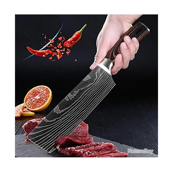 Couteau de Cuisine Professionnel Japonais Damas Hachoir Lame 18cm Acier Carbone Inoxydable
