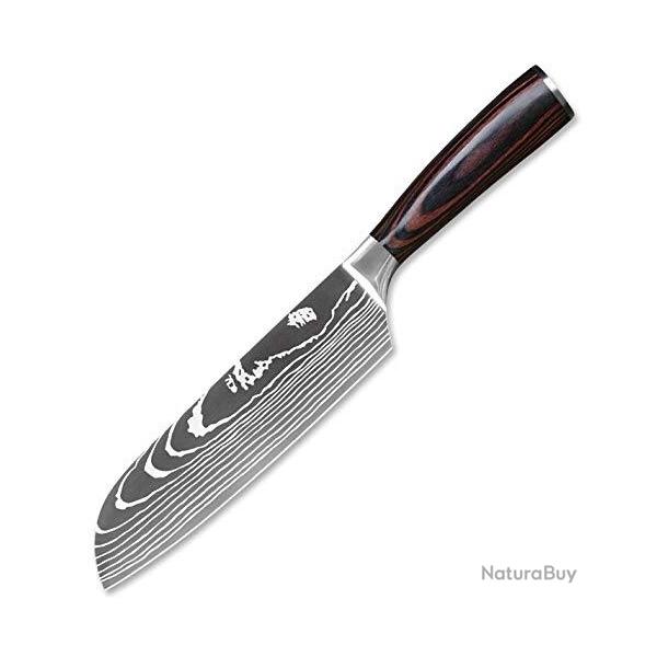 Couteau de Cuisine Professionnel Japonais Damas Santoku Lame 18cm Acier Carbone Inoxydable