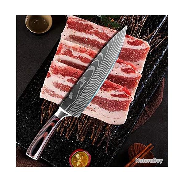 Couteau de Cuisine Professionnel Japonais Damas de Chef Lame 20cm Acier Carbone Inoxydable