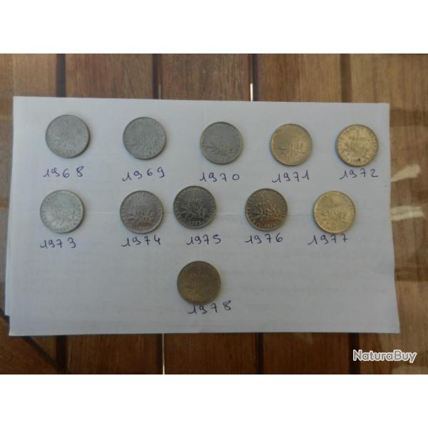 lot de 11 pi�ces de 1 franc ann�e 1968 � 1978
