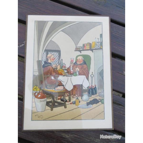 VINTAGE - Lithographie Colorie au Pochoir Le repas des MoinesSigne Harry Eliott (1882-1959)(XX)