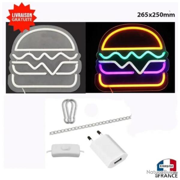 Panneau enseigne lumineuse Neon led verre acrylique � suspendre mural Burger hamburger
