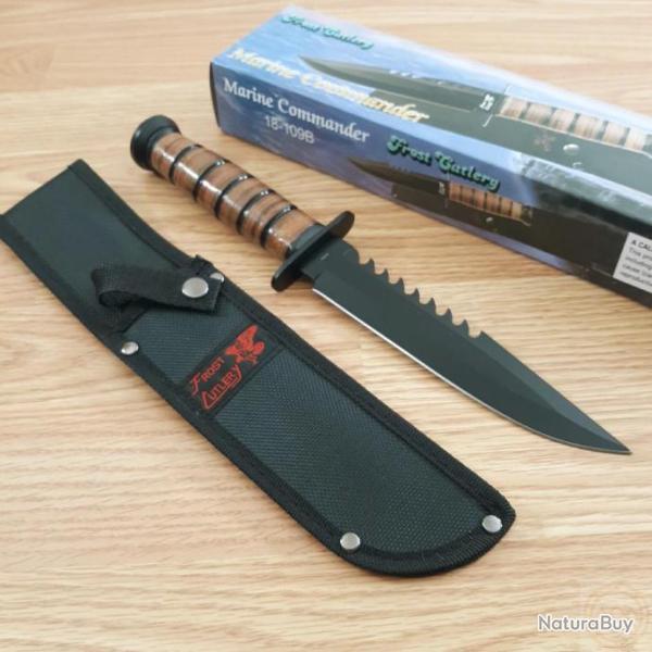 F18109B Couteau Frost Cutlery Combat Survival Manche Cuir Lame Acier Inox Etui Nylon
