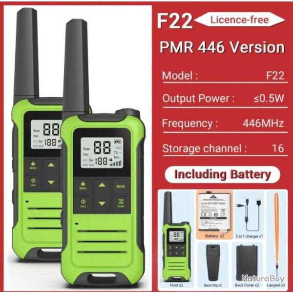 2 x Mini Talkie Walperfor F22, radio bidirectionnelle portable longue porte cran LCD. Vert. B