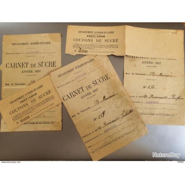 1917 CARNETS DE SUCRE TICKETS DE RATIONNEMENT GUERRE WW1 CH�DIGNY INDRE ET LOIRE
